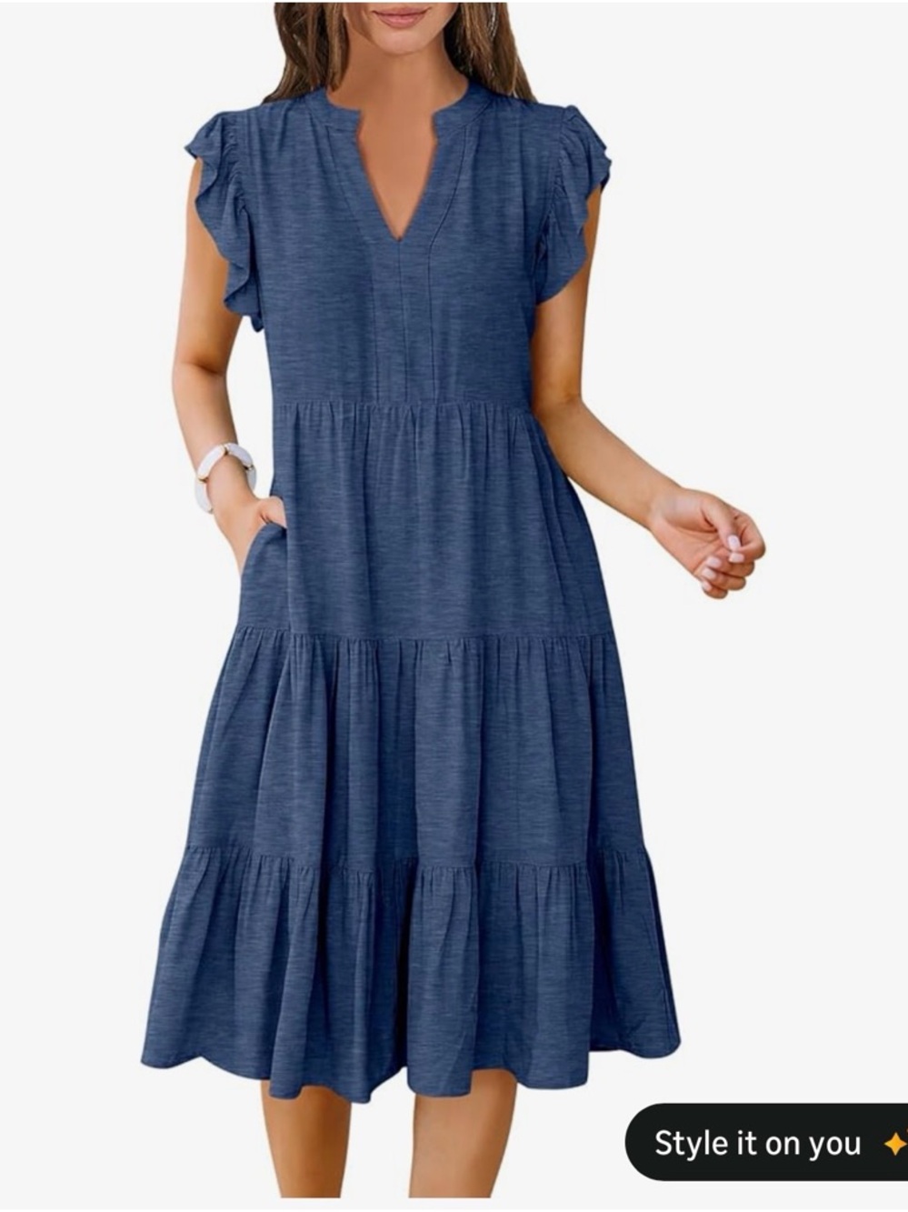 Amazon Blue Ruffle Sleeve Tiered Midi Dress